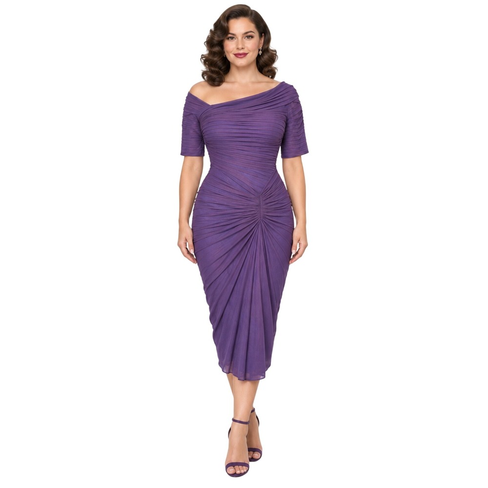 Cocktail Eggplant Evening Tadashi Shoji Ruched Mesh Asymmetric Dress M Purple